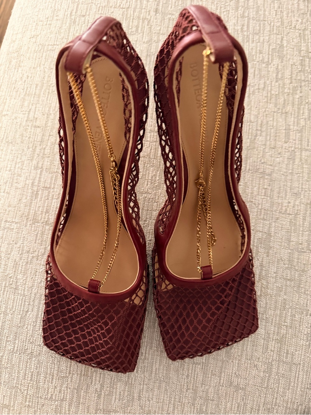 Bottega Veneta Wine Red Mesh Chain Slingback Pumps